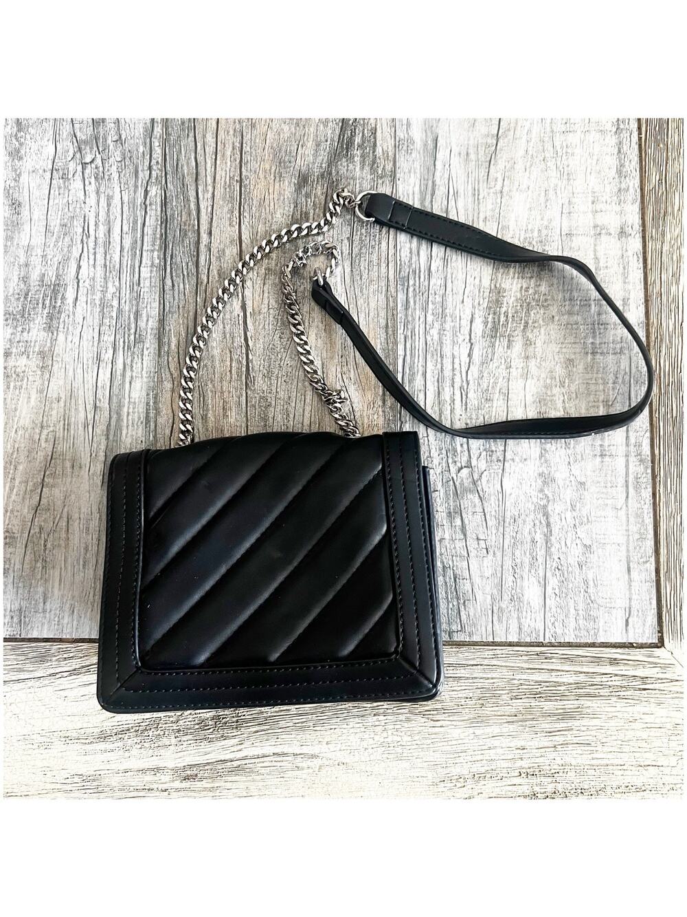 French Connection Quilted Square Shoulder Bag Chain Strap Sm Black Faux Leather